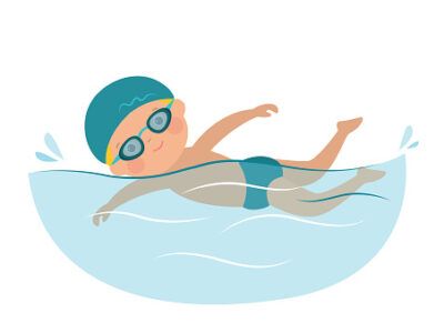 Cartoon kid swimming on a white background. Little boy swimmer in the swimming pool, kids physical activity. Flat vector illustration