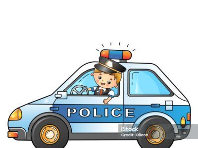 Cartoon policeman with car. Profession - police. Image of transport or vehicle for children. Colorful vector illustration for kids.