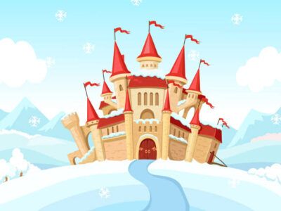 Medieval castle on winter landscape. Cartoon snowy fary tale palace Vector illustration.